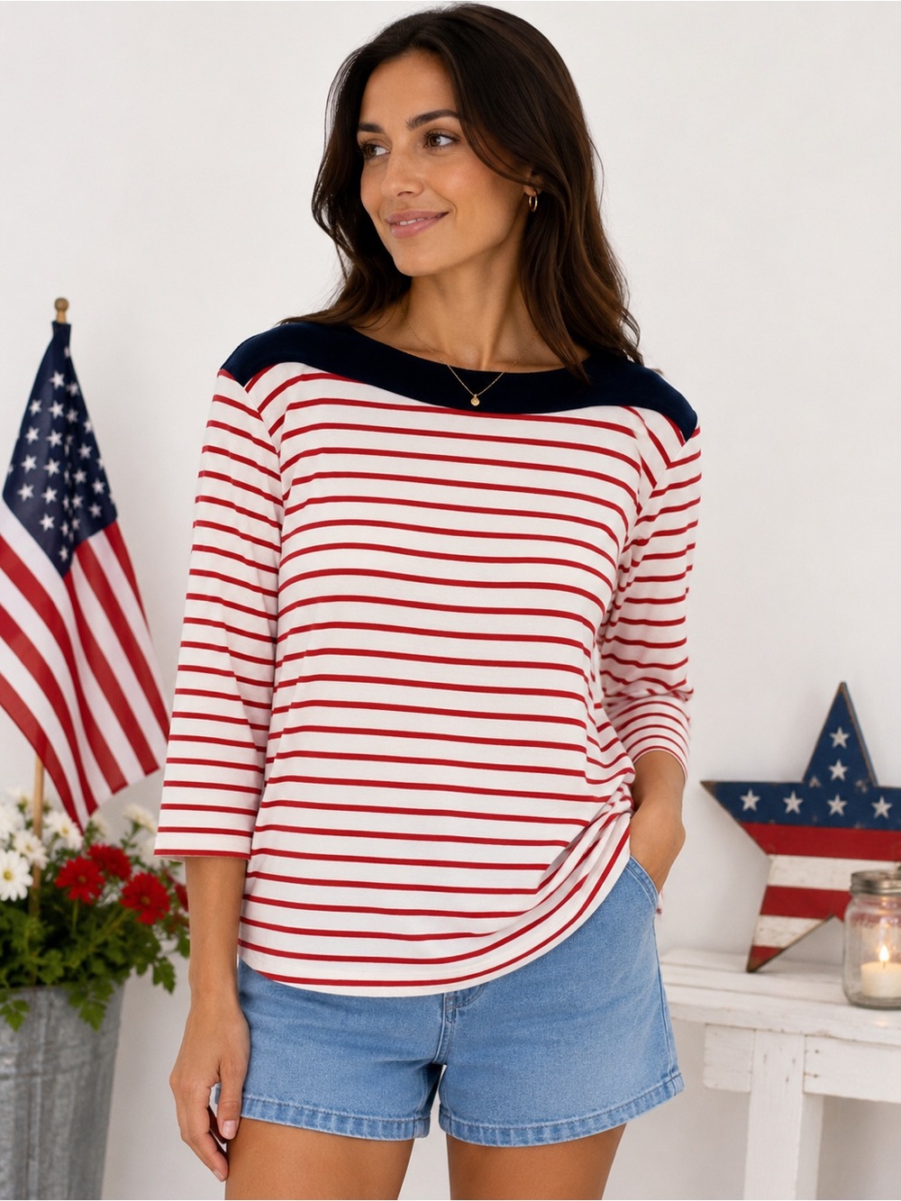 Jules & Leopold Red and White Striped Long Sleeve Top with Navy Yoke 1X